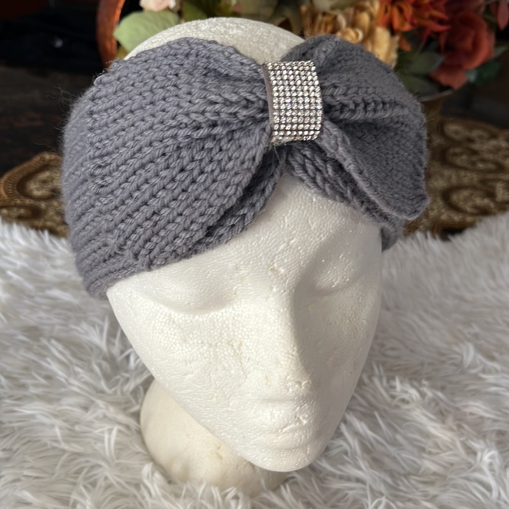 Grey Knit Headband With Rhinestone Detail Around The Bow